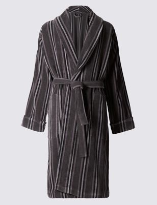 Pure Cotton Thermal Velour Striped Dressing Gown